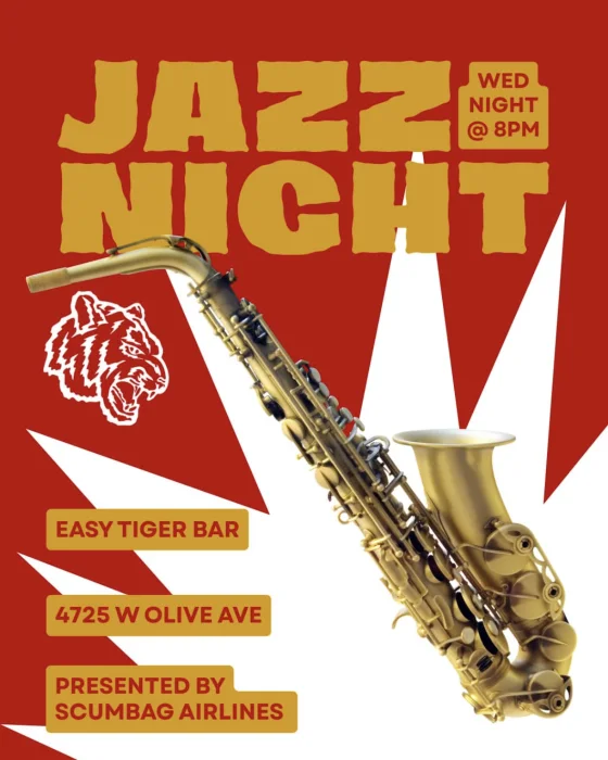 Archived Easy Tiger Jazz Night poster with a gold saxophone on a red background.