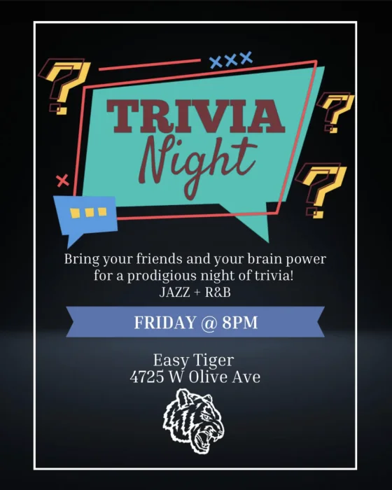 Archived Easy Tiger Trivia Night poster with question marks and a turquoise sign.